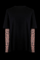 The Layered T-Shirt with Jacquard Knit Fitted Pink Leopard Long Sleeves
